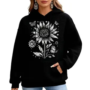Women's Waffle Knit Sunflower & Butterfly Print Drawstring Hoodie,Long Sleeve Casual Loose Fit Hooded Sweatshirt with Kangaroo Pocket,Soft Breathable Waffle Texture Hoodie for Daily Wear