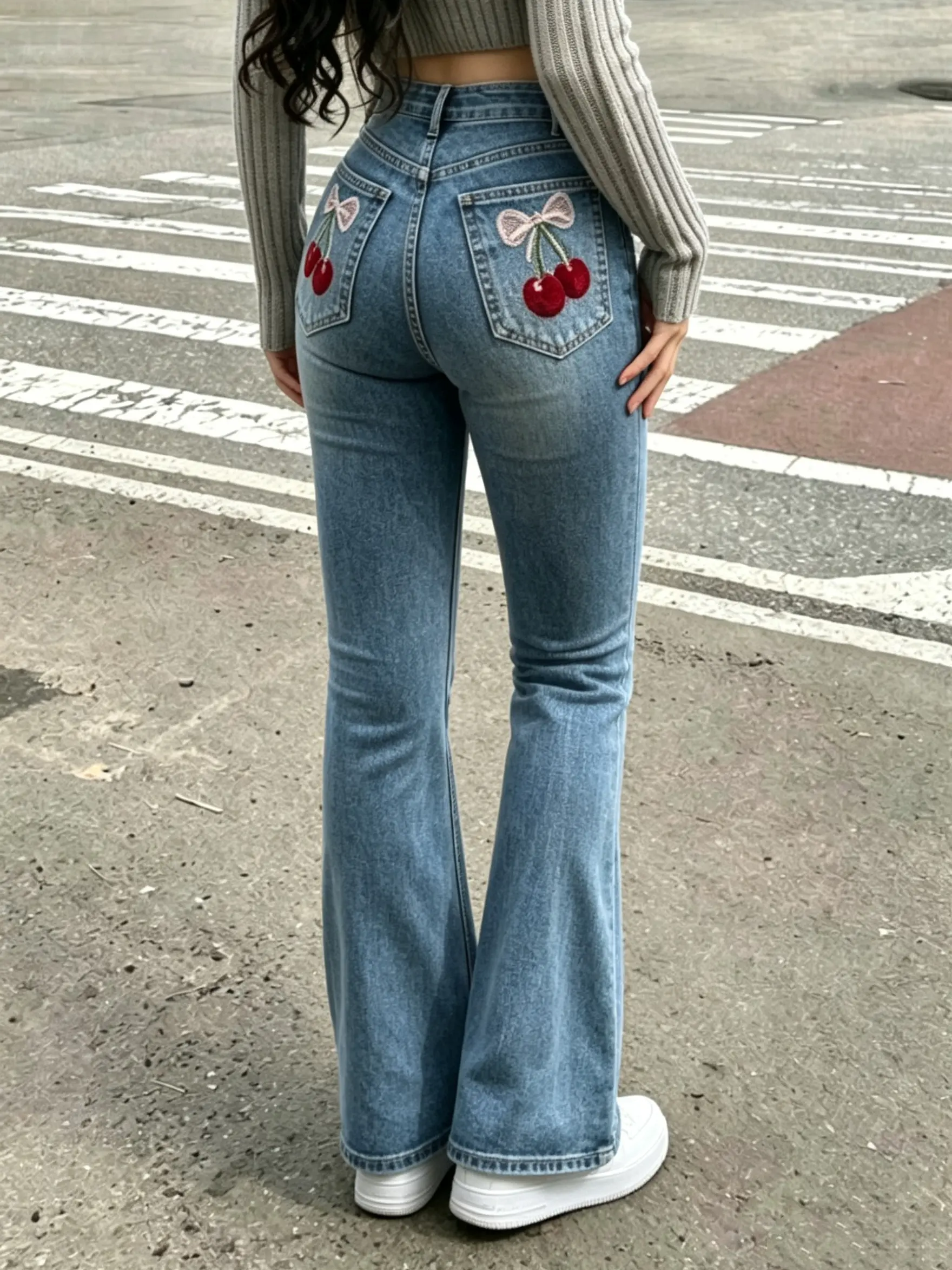 Women's High-Rise Denim Flare Jeans - Sculpting Stretch Fabric, Cherry Embroidery on Back Pocket, Trendy Feminine Bootcut Style