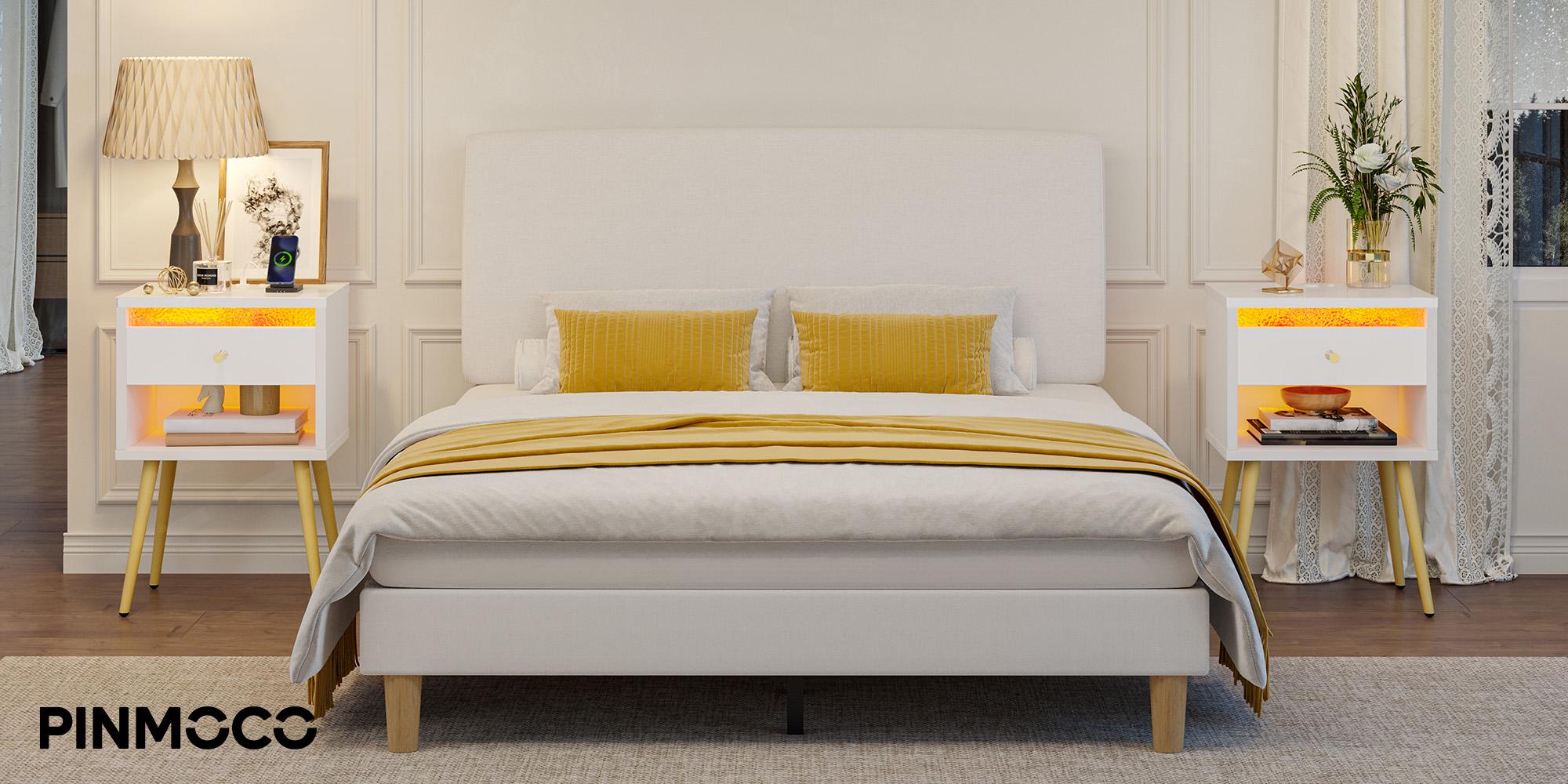 Pinmoco Set of 2 LED Nightstand with Charging Station, Modern Bedside Table with Drawer and Open Storage for Bedroom Pinmoco Set of 2 LED Nightstand with Charging Station, Modern Bedside Table with Drawer and Open Storage for Bedroom