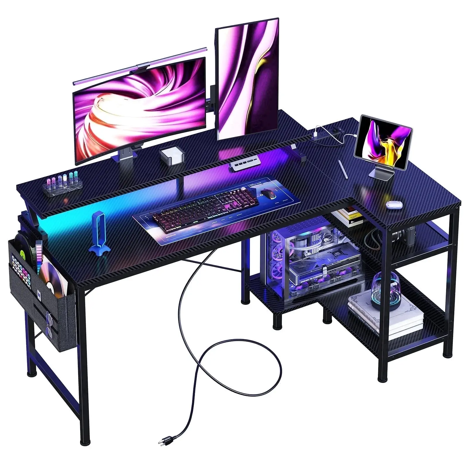 48" Reversible L-Shaped Gaming Desk with LED Lights, USB/Type-C Charging & Power Outlets, Computer Corner Desk with Storage Shelves & Monitor Stand for Gaming Room & Home Office