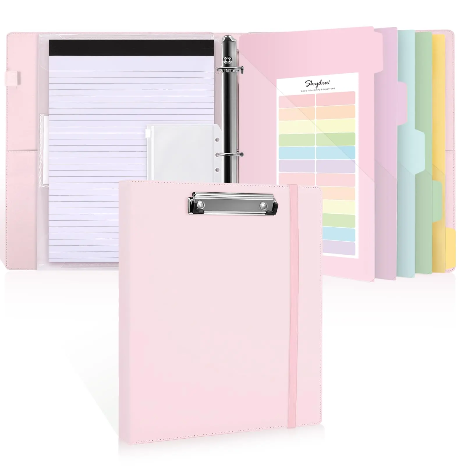 SKYDUE Sturdy PU Clipboard Binder - 1-Inch 3-Ring Binder with Refillable Notepad, 5 Colorful Dividers (10 Pockets, Labels), Letter Size Hardboard Fit, Elastic Band, Back to School Haul School Supplies for Christmas Birthday Friends, Children