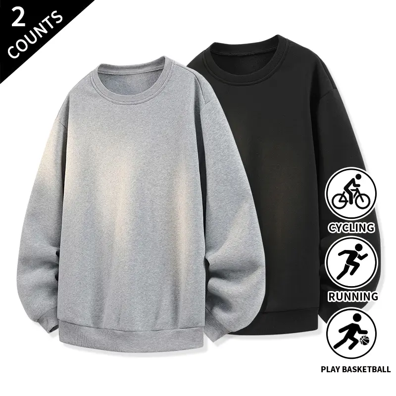 2-Pack Men’s Heather Crew Neck Pullover Sweatshirts, Long Sleeve, Comfortable Tops for Cool Weather Layering, Weekend Travel, and Everyday Casual Street Style