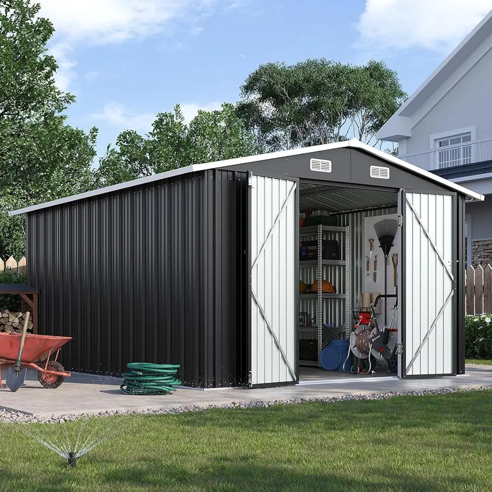Aoxun Durable 10x12 ft Brown Metal Outdoor Storage Shed - 10x12 ft Size, Patio Gear Stash, Organizing, Sloped Roof, Double Hinges Ease Entry, Large Lockable Door for Garden, Backyard