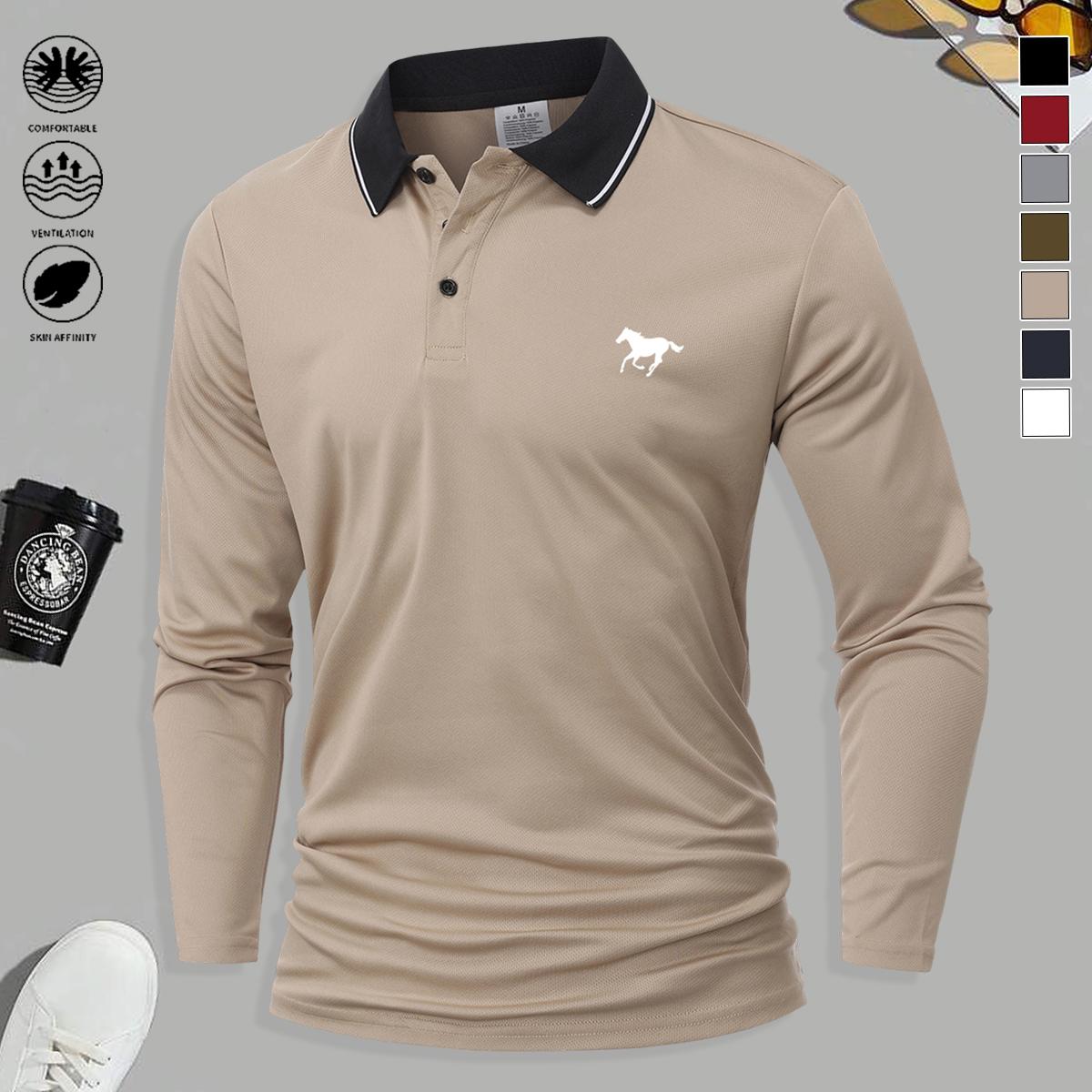 5PCS Men’s Polo Collar Long Sleeve Top, stylish, simple, multifunctional, fashionable print design, available in multiple colors, sporty casual, soft and comfortable