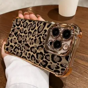 High-end glossy brown leopard print pattern electroplated four-corner airbag shockproof and anti-drop phone case. Suitable for iPhone 17 Pro Max, 16/15/14/13/12/11 Pro Max, and Samsung S25, S24, S23 (airbag shockproof transparent protective case).