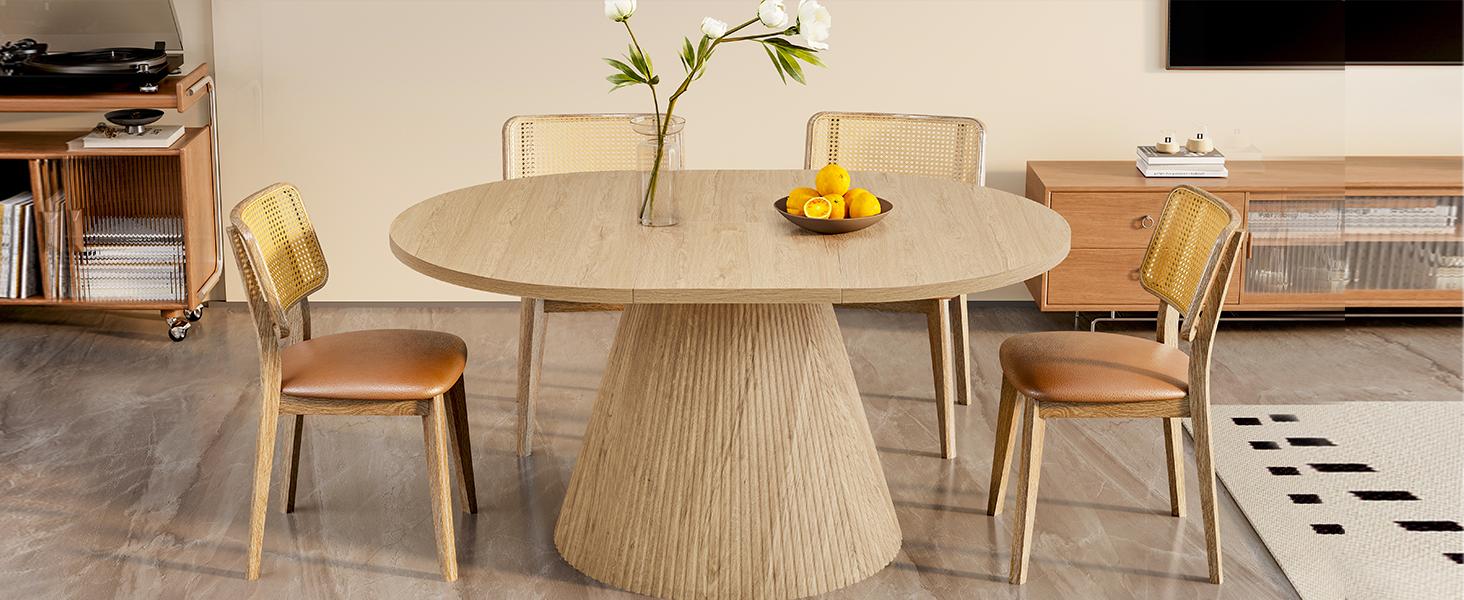 Giratree 43.3"–59" Expandable Round Dining Table for 4–8, Space-Saving Oval Dining Table with Detachable Leaves, Modern Transformer Table with Fluted Pedestal Base for Kitchen & Dining Room Giratree 43.3"–59" Expandable Round Dining Table for 4–8, Space-Saving Oval Dining Table with Detachable Leaves, Modern Transformer Table with Fluted Pedestal Base for Kitchen & Dining Room