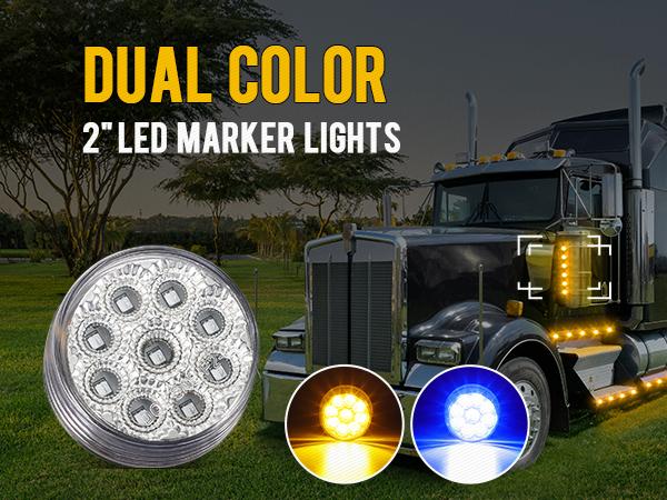 Partsam 10Pcs Dual Revolution 2 inch Round 9LED Marker Light, Amber Side Marker Clearance Lights to Blue Auxiliary Lights for Trailer Truck, Clear Lens,12V, Waterproof