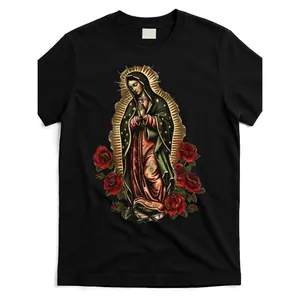 Men Sports Style T Shirt With Guadalupe Mary Graphic And Red Roses Moisture Wicking Breathable Fabric For Athleisure Casual Wear Durable Fitness Apparel.