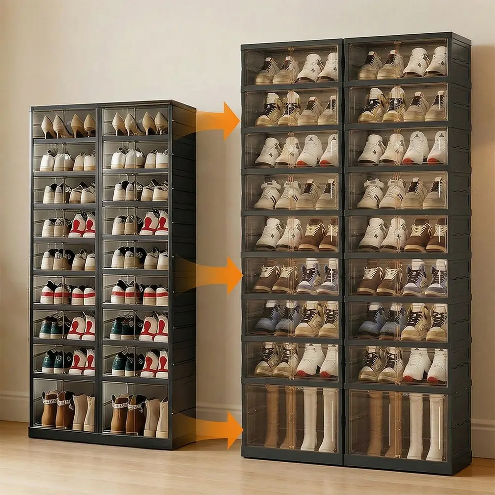 NLDD Extra-Wide & Tall 9-Tier Shoe Cabinet Holds 18 Pairs Clear Doors Wheels for Effortless Storage Stackable Reinforced Frame Ventilation Holes, Shoe Box, Shoe Rack Organizer