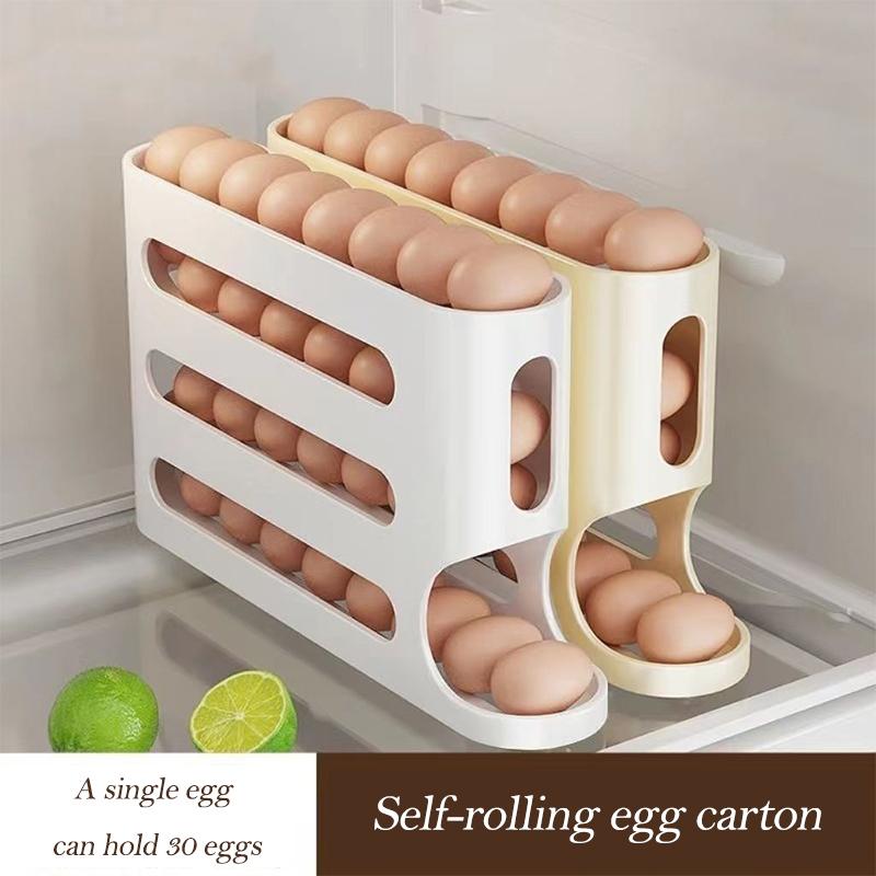 Automatic Rolling Egg Dispenser Organizer for Refrigerator, 4-Tier Space-Saving Egg Holder Tray, Holds 28 Eggs, Durable Plastic Egg Storage Rack for Fridge, Counter, Kitchen Cabinet