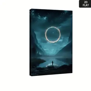 2D Flat, 2D Flat Canvas Wall Art - Floating Ring in Starry Night Sky Over Alpine Lake, Magical Floating Island Landscape Painting for 'ooms, Bedrooms, Living Rooms & Home Offices - Wrap-Around Frame, Vibrant Colors, Easy to Hang, Unleash Imaginatio