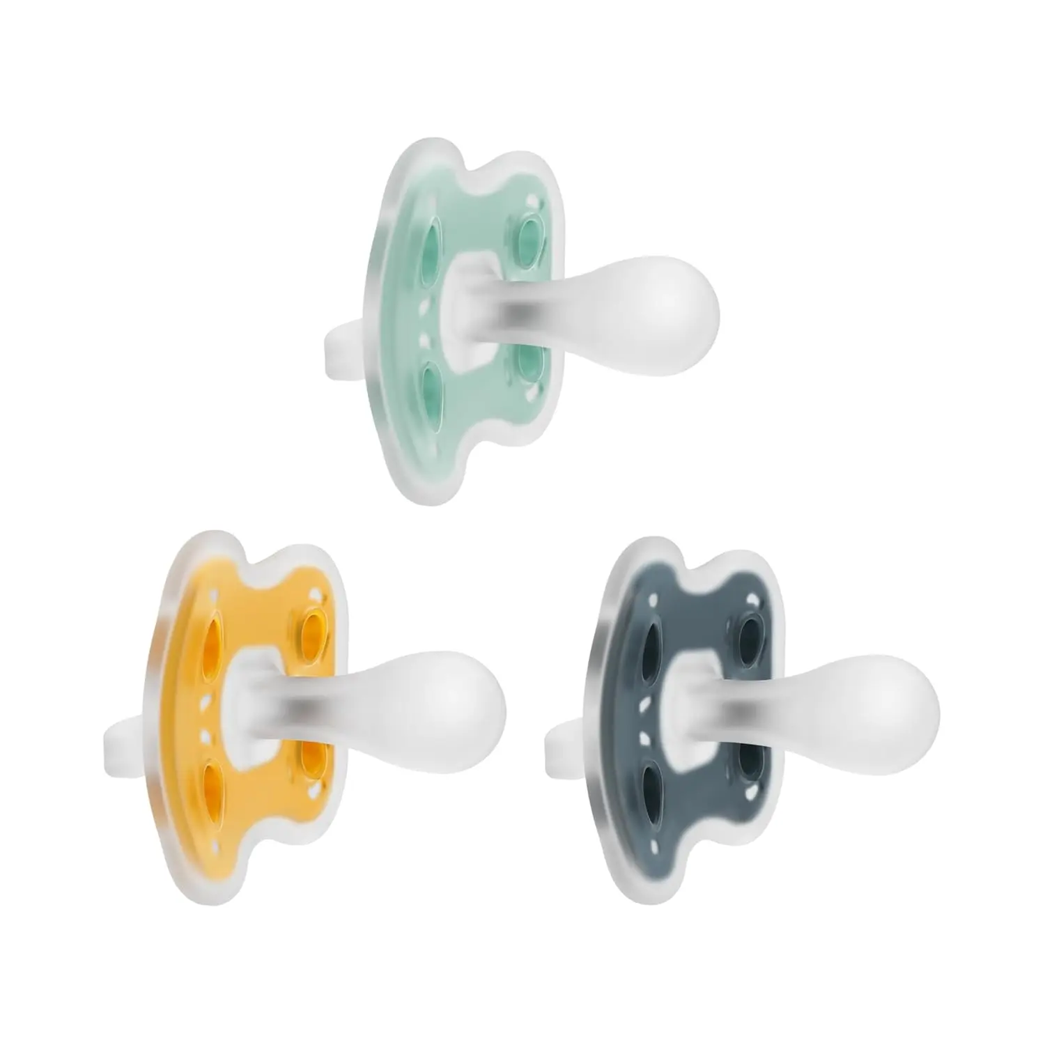 Silicone Baby Pacifier, Fully Symmetrical Soother, Dark Gray/Green/Yellow, 6-18m, BPA Free, 3 Pack