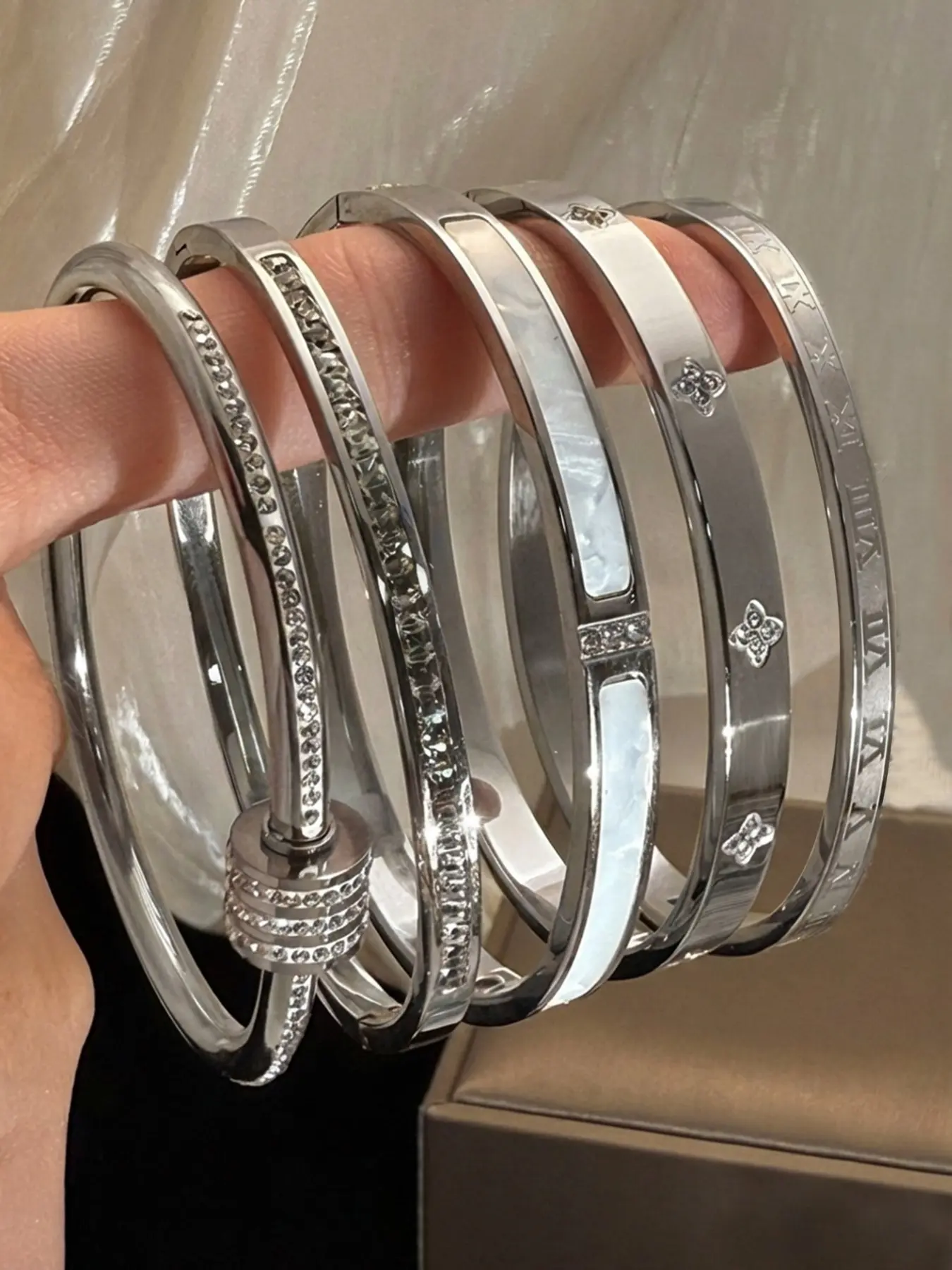 5-Piece Waterproof Titanium Steel Bracelet Set, Rhinestone Star Design, Plated, Versatile Style, Unisex Jewelry, Stackable Bracelets, Stacked Design Bracelets, Beautiful Bracelets