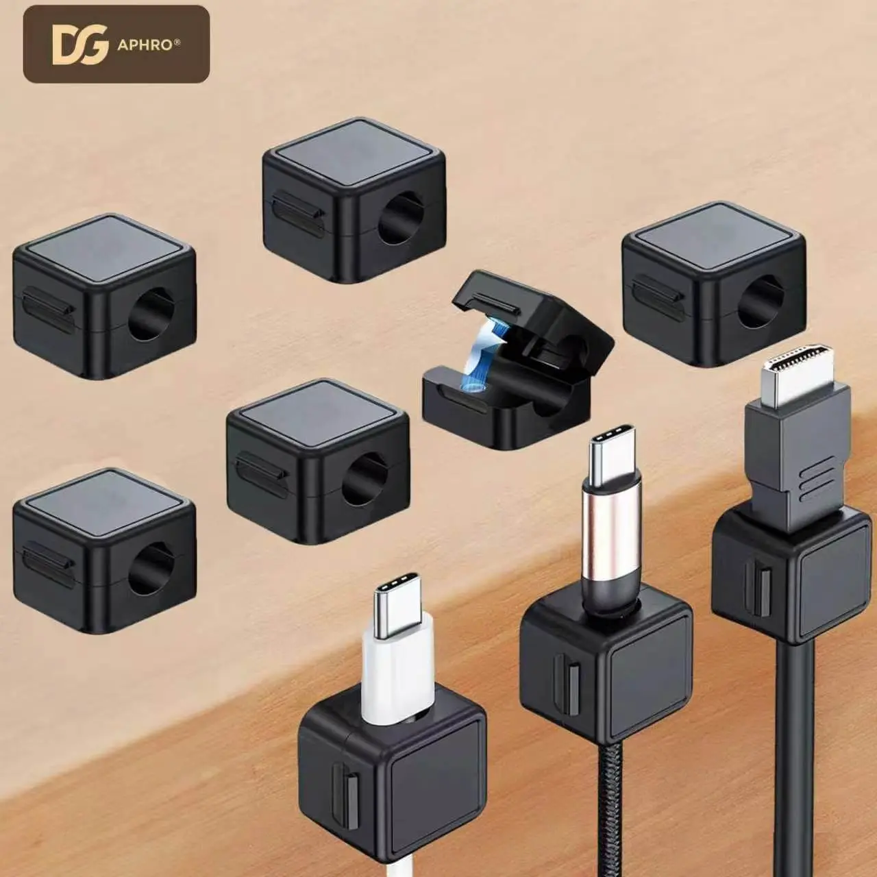 DGAPHRO 9-Pack Magnetic Cable Clips - 7.5mm Diameter Sleek Adhesive Office Desk Accessory, Damage-Free 1-Hand Snap Cord Organizer for Flat Surfaces, Black Cord Management Tool, Charger Cord Holder