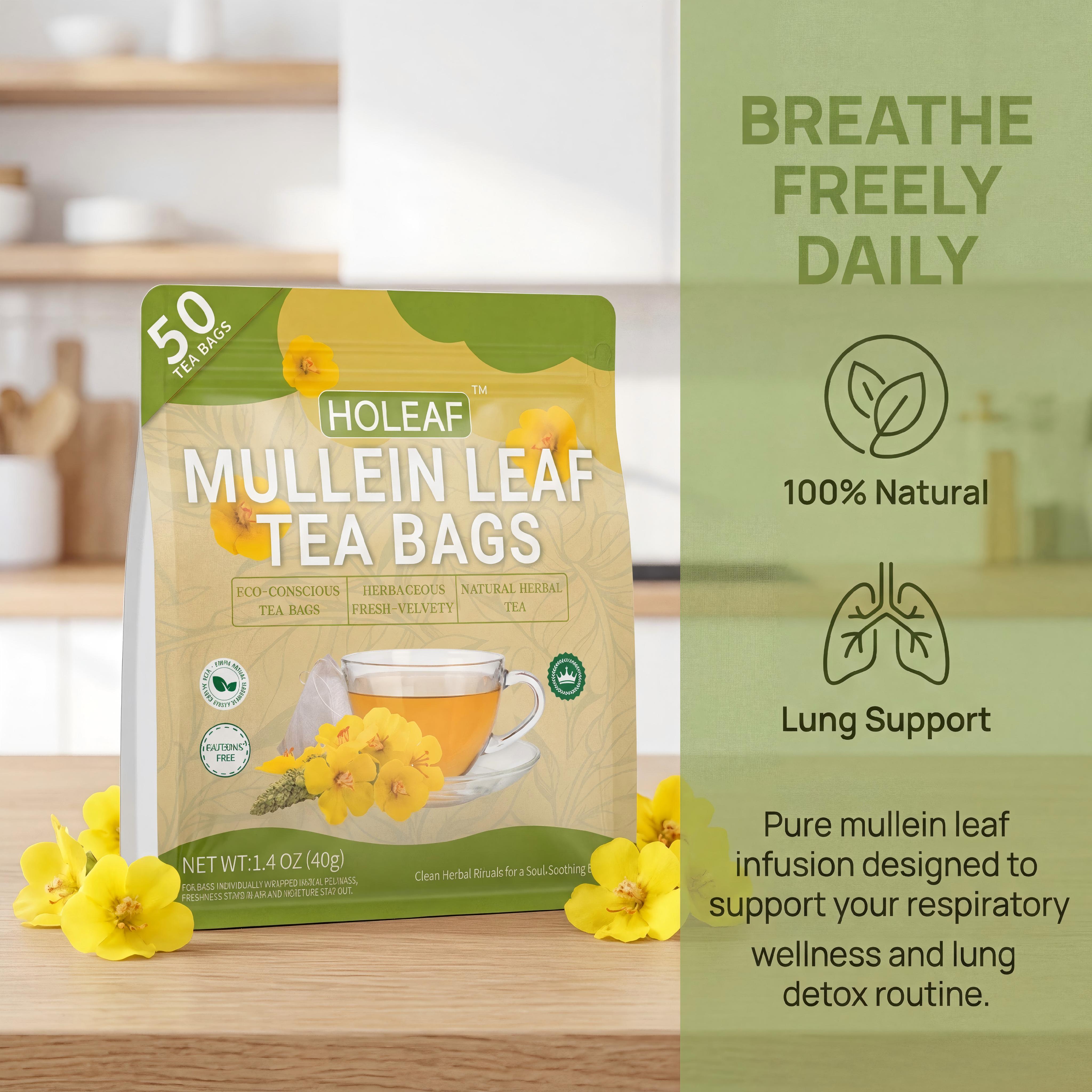 HoLeaf Mullein Leaf Tea, 50 Individually Wrapped Tea Bags, 100% Pure Natural Herbal Tea, Caffeine Free, Eco-Friendly Foil Sealed, No Additives, Smooth Herbal Flavor, Quick-Brew Daily Wellness Tea