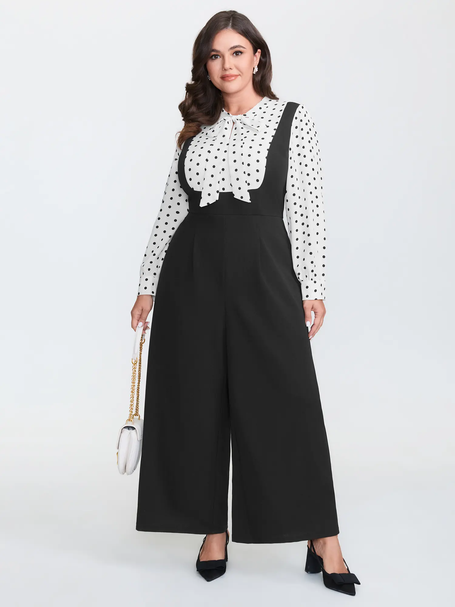 BLOOMCHIC Women's Plus Size [M-6X] Retro Polyester-Spandex Long Sleeve Wide Leg Overalls, 2026 Summer Polka Dot Garment with Retro Ribbon Neck, Low-Iron Fabric, Pocket, Cold Wash Compatibility & Flattering Fit