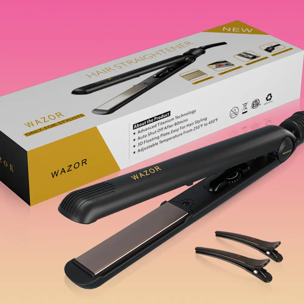 Wazor 1-Inch Ceramic Precision Flat Iron - Negative Ion Hair Styler, Flawless Silky Straight Results, Frizz Control, 280°F-450°F Temp Range, 110V-240V Dual Voltage, Heat Up Fast, Portable Travel-Friendly, All Hair Types Suitable, Silky Straight Hair
