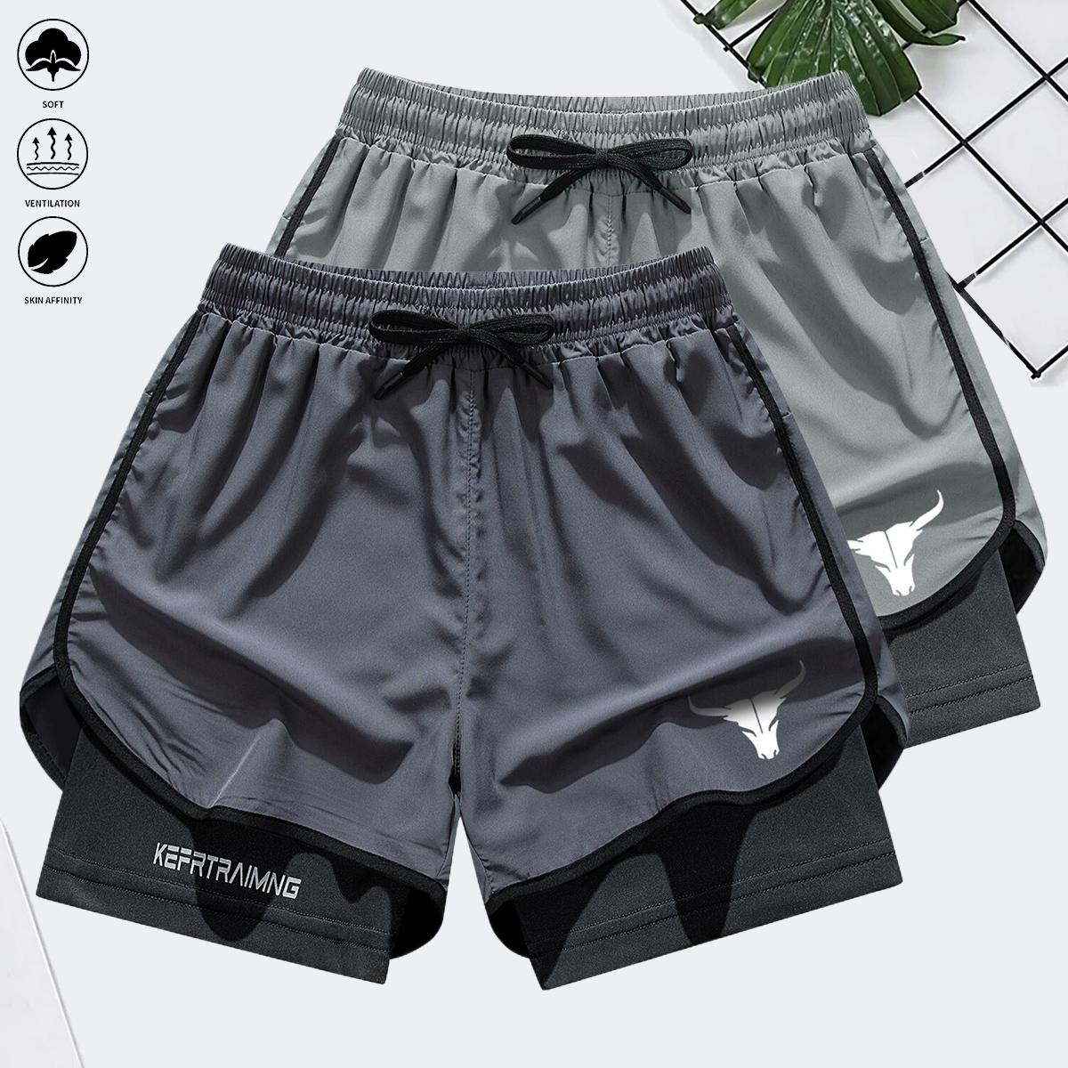Men's two-in-one letter and bull head print double-layer drawstring waist sports shorts, quick-dry sports shorts, designed for sports, suitable for fitness and marathon training, featuring a double-layer lining. Elastic Drawstring Jogger Shorts