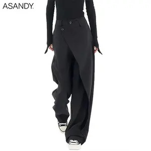 ASANDY women’s asymmetrical wrap high-waisted palazzo pants — minimalist loose wide-leg suit trousers for office and casual wear; flowy long bottoms