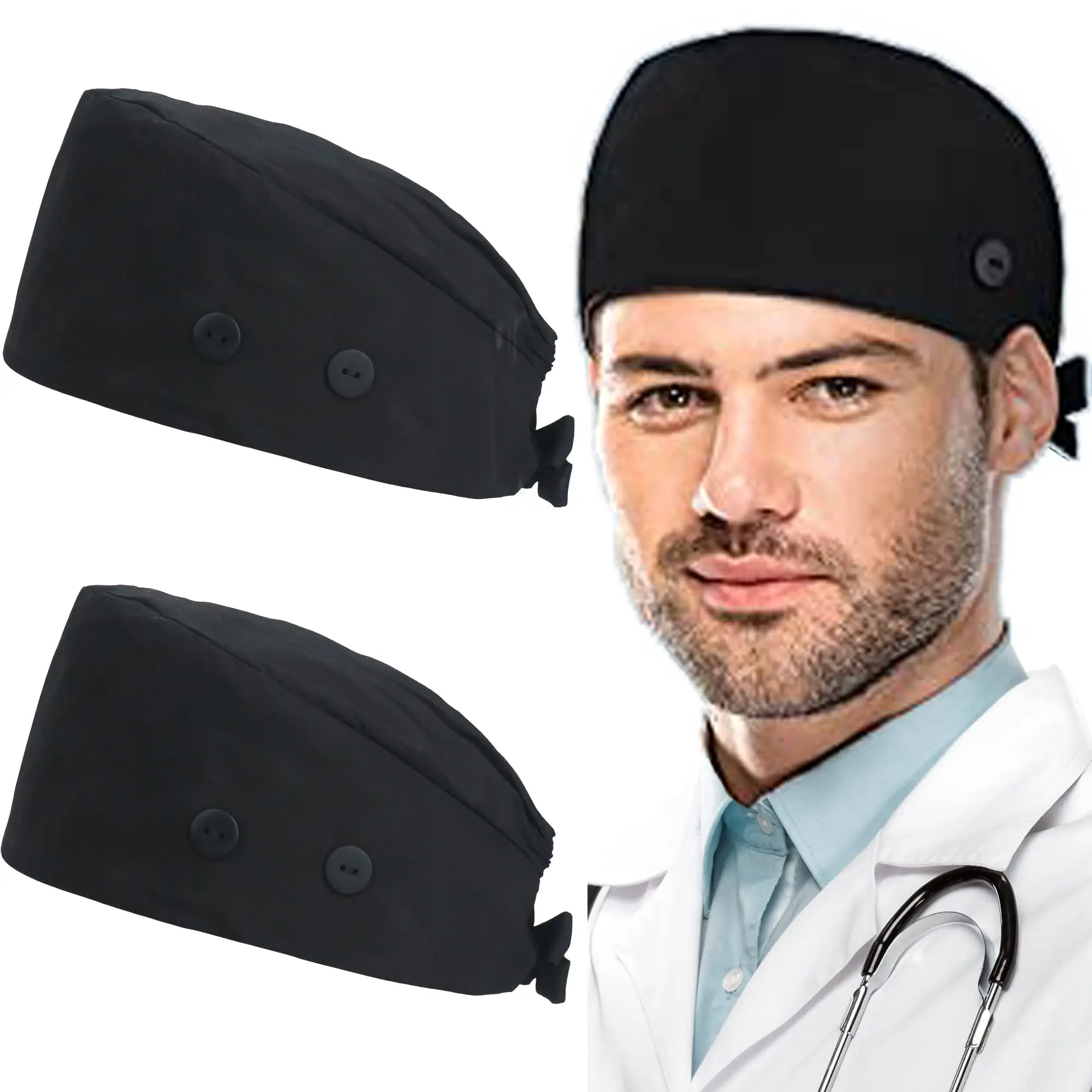 Working Caps with Button and Sweatband, Adjustable Work Hats for Women and Men, One Size (Tie Back or Toggle)