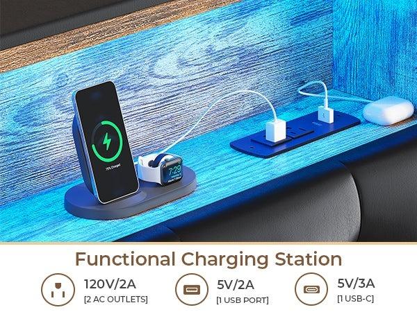 Sikaic Upholstered Platform Bed Frame with LED Lights & Charging Station Hidden Storage Headboard and 4 Drawers PU Black Bedroom Set Unique Bedroom Furniture