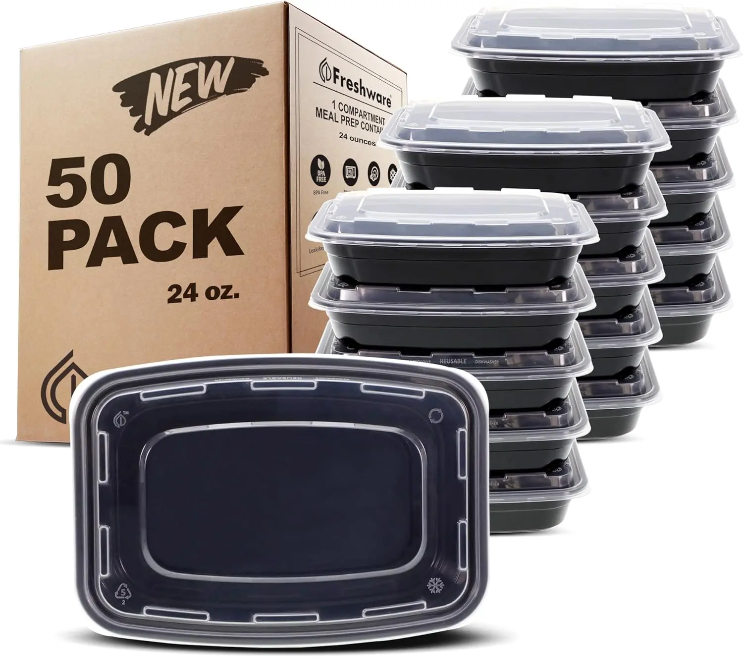 FRESHWARE 24oz Reusable 1-Compartment Lunch Containers - 50-Pack BPA-Free Airtight Food Containers, Stackable, Reheatable, Microwave/Dishwasher/Freezer-Safe, Portion-Controlled Kitchen Storage, Reusable Lunch Containers