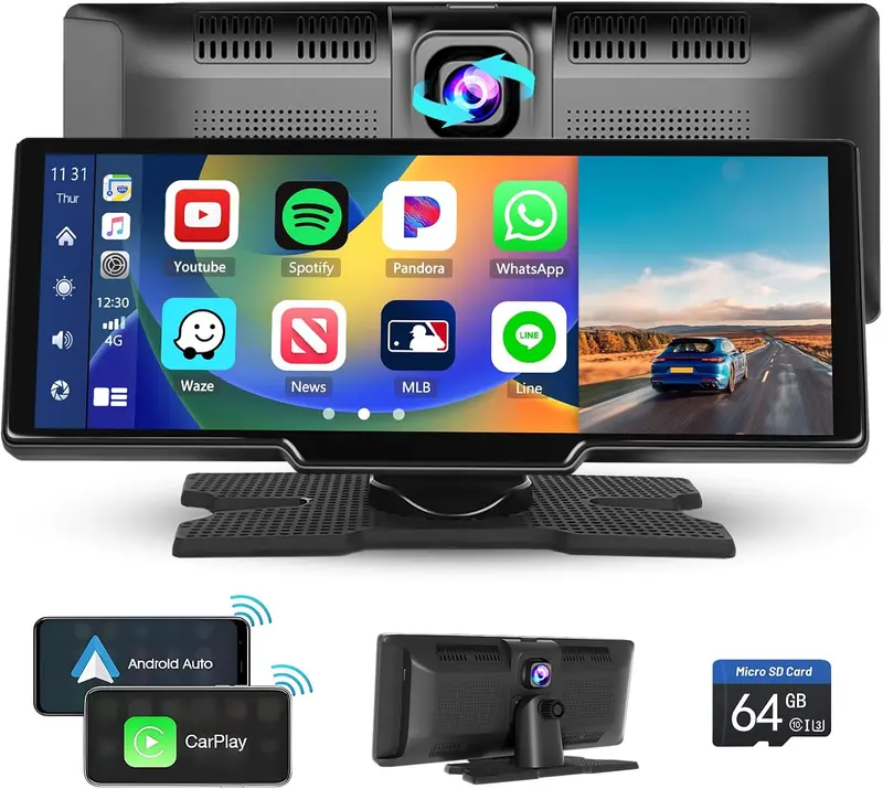 Wireless Carplay Portable Android Auto Unit with 2.5K Dash Cam, 9.3 Inch Touchscreen Car Screen Display with Bluetooth Airplay Mirror Link Voice Control AUX 64G TF