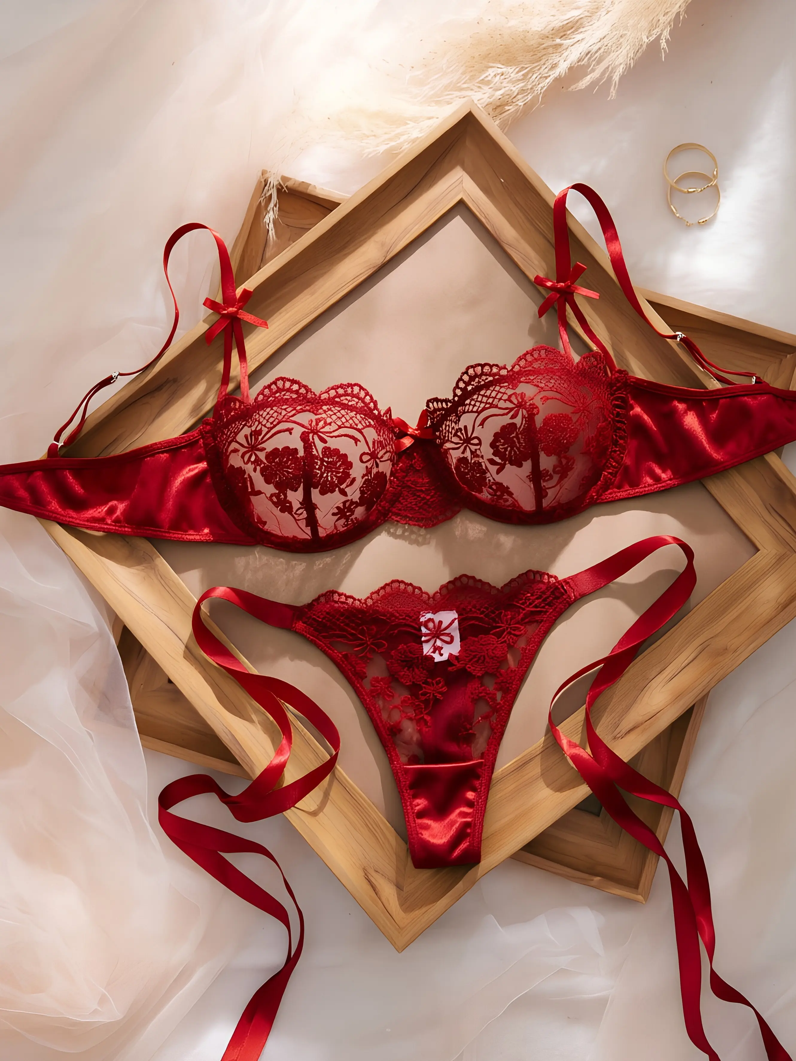 Women's 2-Piece Comfortable Red Embroidery Lace-Up Lingerie Set, Elegant Valentine’s Gift