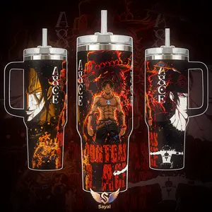 Postgas D.Ace Fire Fist One P 40 oz Tumbler Mera Mera no Mi Devil Power Flame Graphic Design Vacuum Insulated Travel Mug with Handle 18/8 Steel Keeps Drinks Cold 12H+ Hot 6H Anime Manga Merch Cosplayers Straw Hat Fans Gift for Lovers
