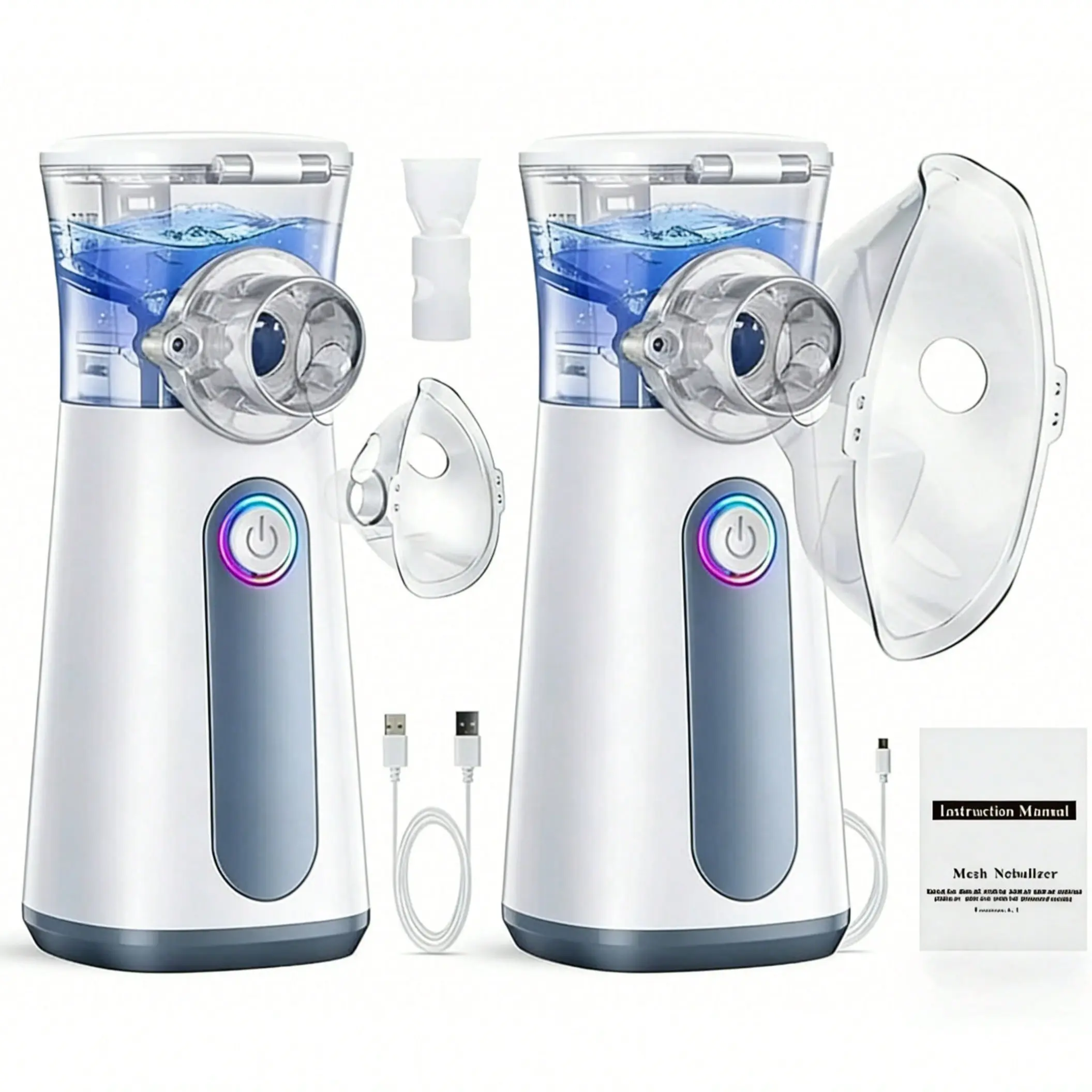Set of 2 Handheld Nebulizers, Portable USB Rechargeable Mesh Inhaler for Breathing Support, Battery Powered for Adults and Children - White, Gift, Mom, Stainless