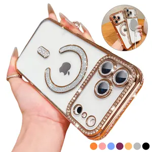 For iPhone 17 16 15 14 13 12 Pro Max Magnetic Cute Clear Transparent TPU with Bling Sparkly Rhinestone Camera Lens Protector Diamond Bumper Women Girls Case