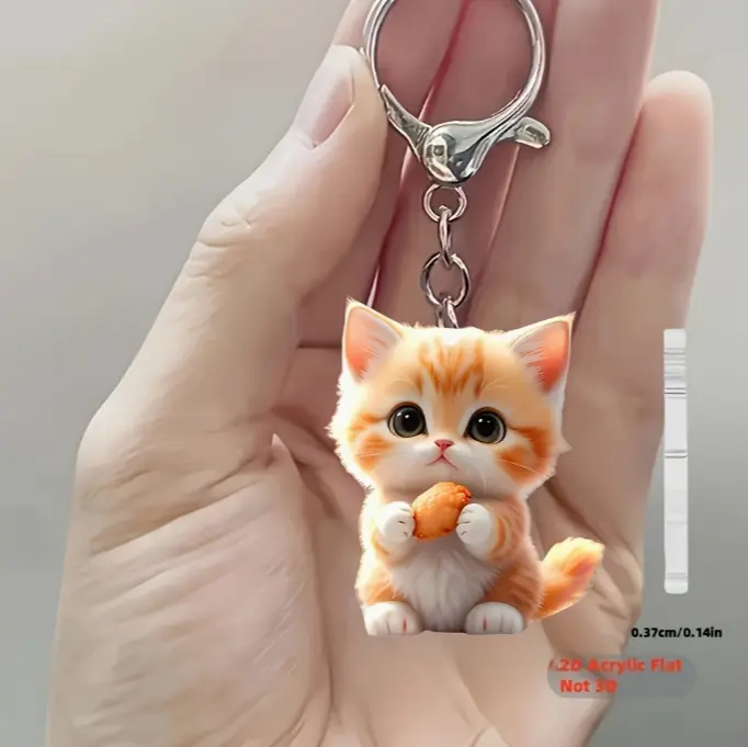 2D Flat - A Stylish Acrylic Cat Keychain in 2D Design, Ideal for Car Charms And Keychain Accessories, As Well As Backpack Embellishments.