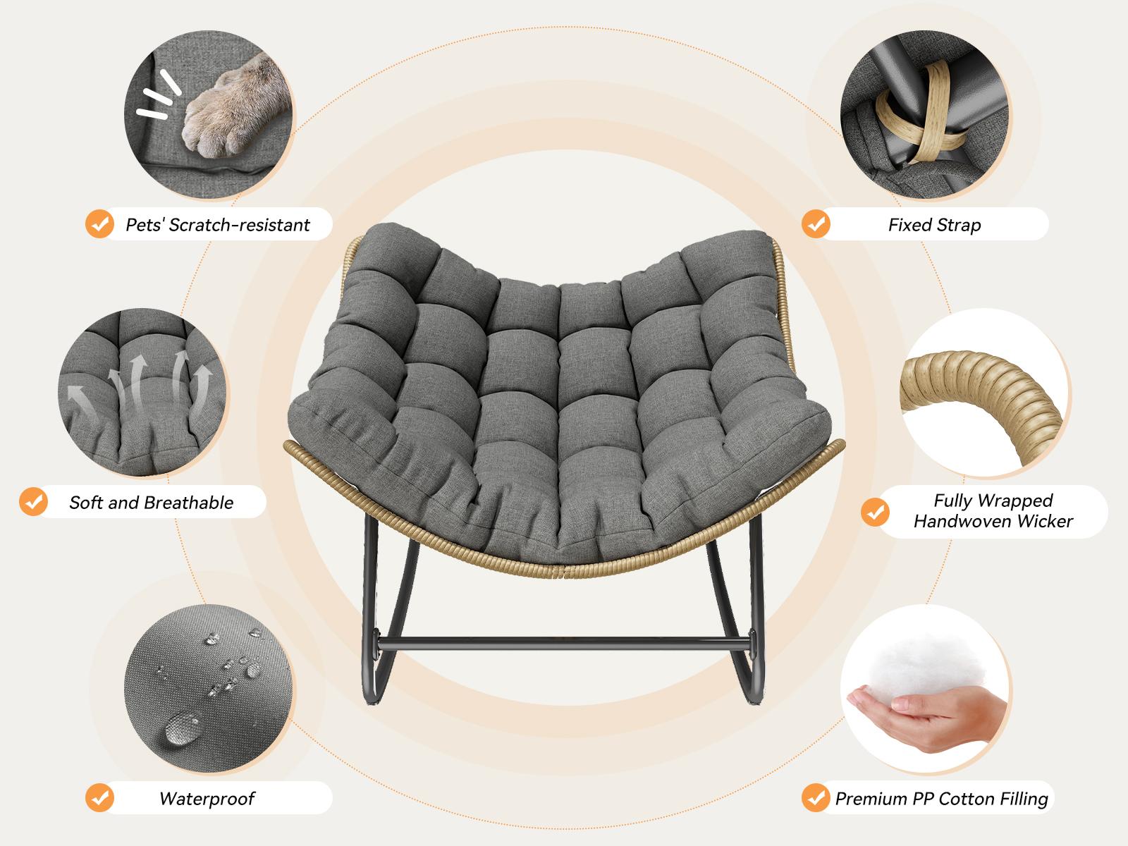 UDPATIO Oversized Outdoor Rocking Chair with Padded Cushion  Indoor/Outdoor Lounge Rocker for Garden Luxury Lounge Relax Leisure LivingRoom Furniture SpringGardening