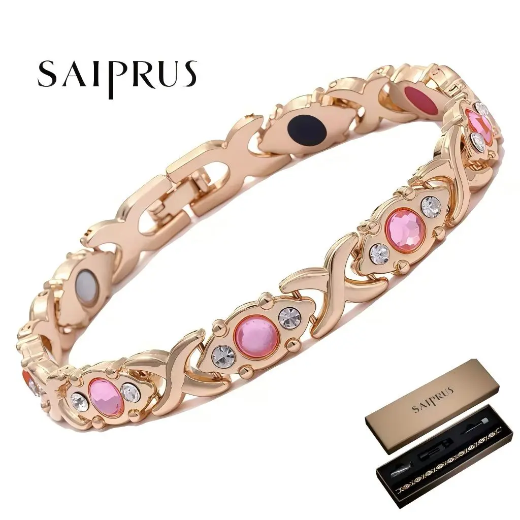 SAIPRUS rose gold-plated pure copper magnetic women’s bracelet, fashionable pink crystal bracelet, gift box packaging. A lucky bracelet—an accessory gift in a modern, stylish design, an excellent choice for gifting. lady adjustable diamond pulser energy