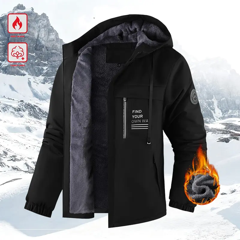 Men's Winter Windproof Waterproof Fleece Lined Fitted Hoodie Jacket - Basics Letters Thick Warm Coat with Adjustable Drawstring Hood, Ribbed Cuffs, Zipper Front Closure; Ideal for Outdoor Hiking, Everyday Casual Wear