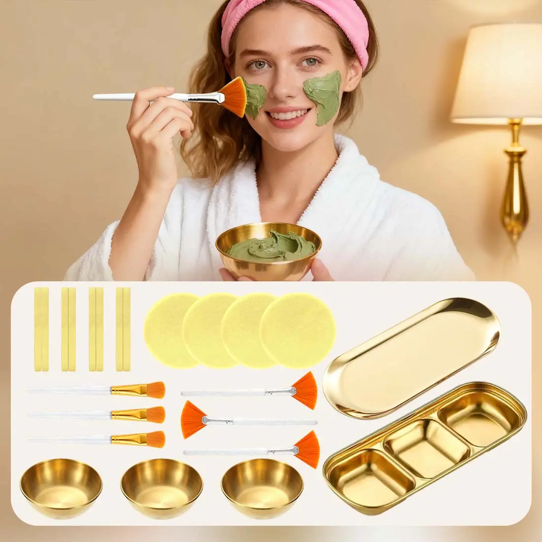 23 Pcs Esthetician Supplies 3 Stainless Steel Gold Mixing Bowls Gold Small Serving Tray 3 Compartment Serving Tray 3 Facial Fan Brushes 3 Face Mask Applicator Brush 12 Facial Sponge Compressed Round
