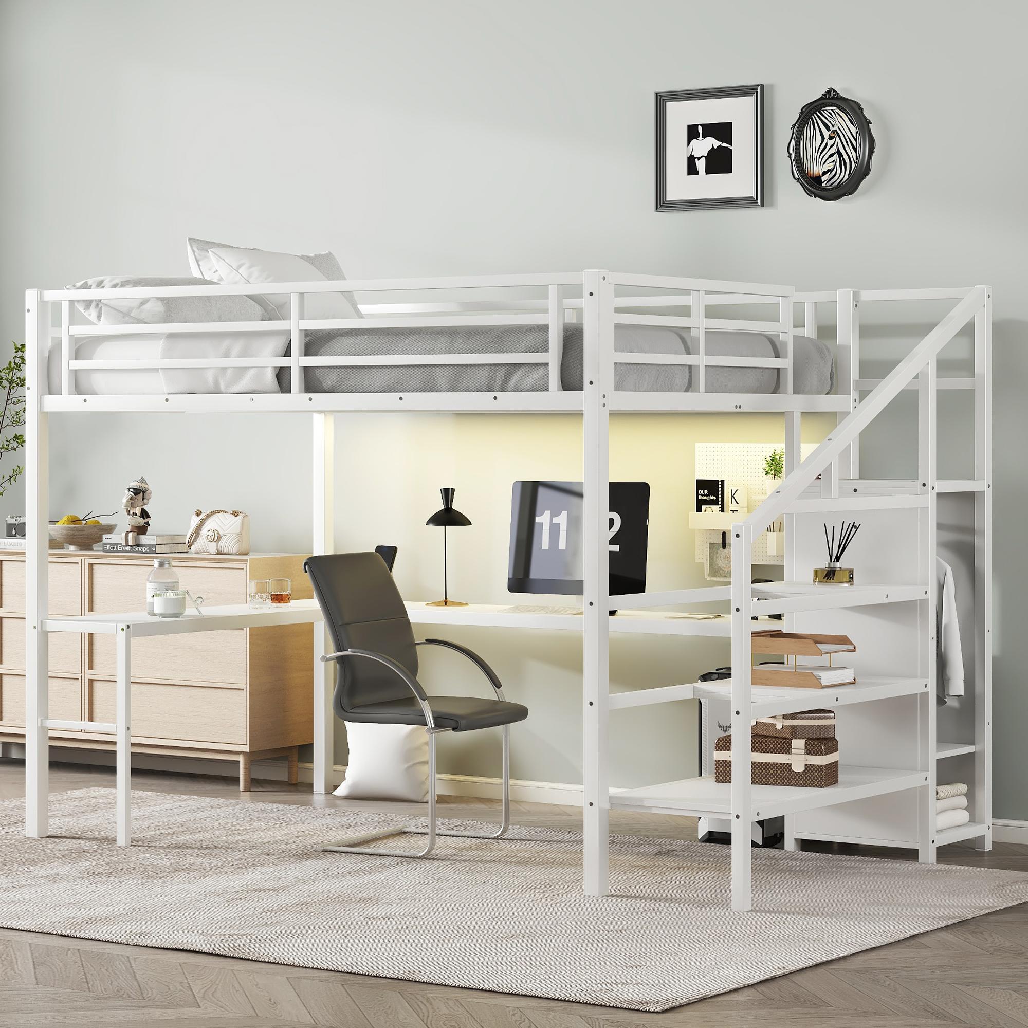 Attic bed with L-shaped desk and USB interface, metal loft bed with wardrobe and adjustable shelf, high loft bed with LED lights for adults Attic bed with L-shaped desk and USB interface, metal loft bed with wardrobe and adjustable shelf, high loft bed with LED lights for adults