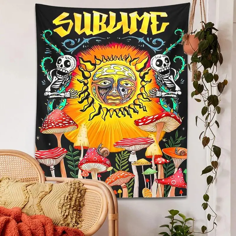 Psychedelic Mushroom Vertical Tapestry - Polyester Wall Hanging with Sun, Cactus, Sublime Plant Hippie Designs, Happy Birthday Gift, Unique Room Decor, Wall Art, Bedspread, Beach Shawl (for Partner, Christmas)