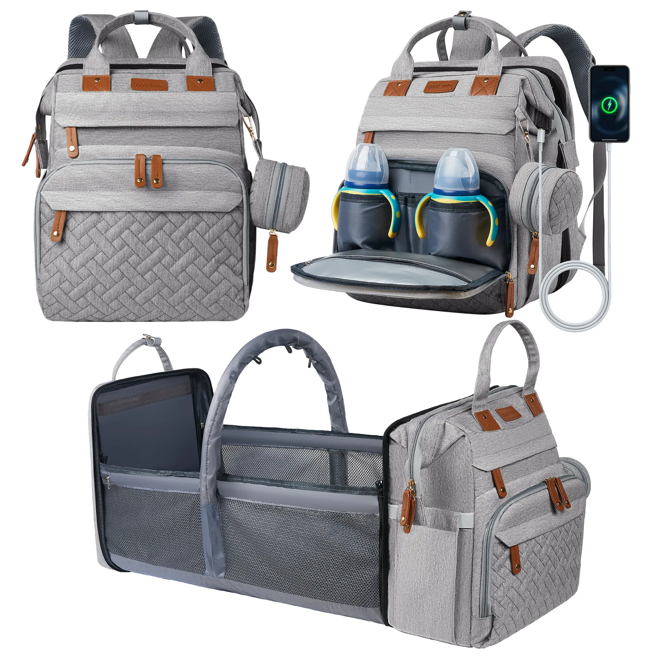【Mother‘s Day Gift】BabyBond Diaper Bag with Changing Station, Multi-Functional 19 Pockets Mommy Bag, with Tote Mosquito Net & Potable Baby Crib, Waterproof Large Travel Diaper Bag, Adjustable Shoulder Backpack, Grey