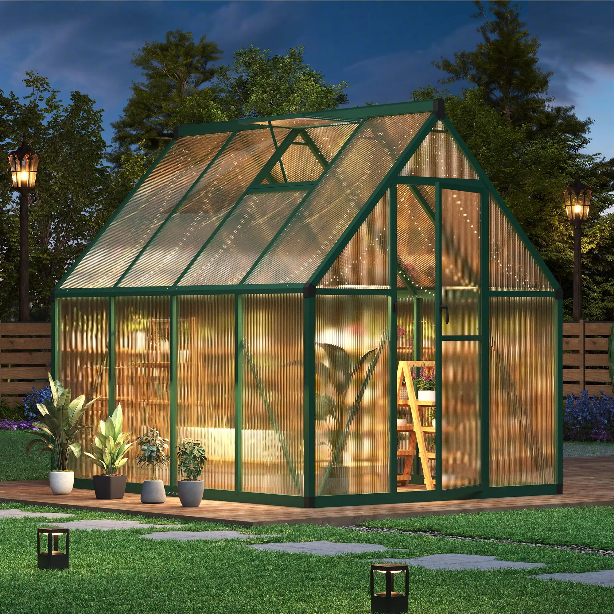 Gaomon 6×7 FT Heavy Duty Adjustable Outdoor Greenhouse, Large Walk-In Polycarbonate Green House with Enhanced Aluminum Frame, Lockable Push Door for Garden Planting, Green, Heavy Duty Greenhouse, Adjustable Greenhouse