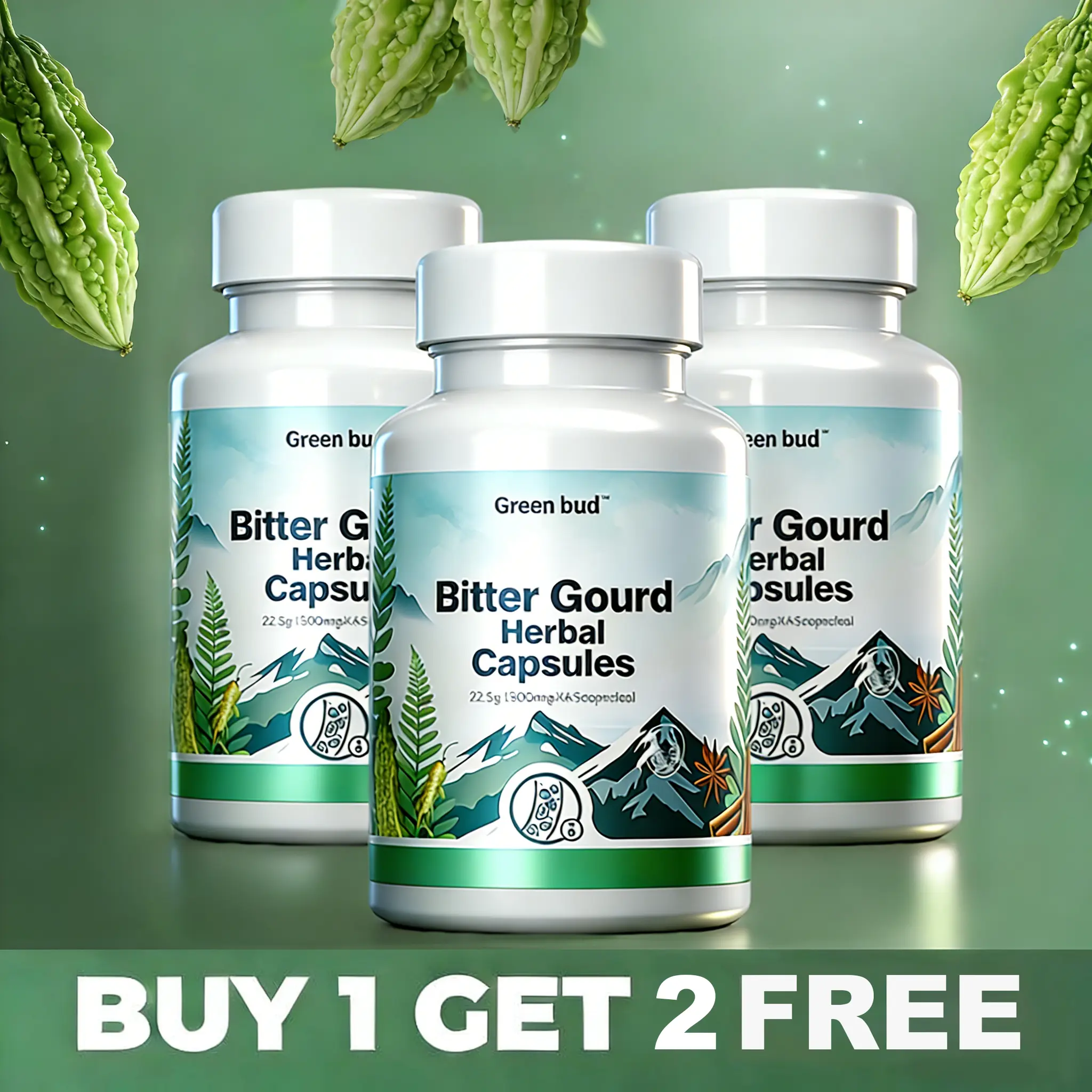 [BUY 1 GET 2 FREE Products] Green Bud Bitter Gourd Botanical Edible Dietary Supplement Capsules (3 Bottles) with Bitter Gourd, Cinnamon, Ginseng, Mulberry Leaf Extracts