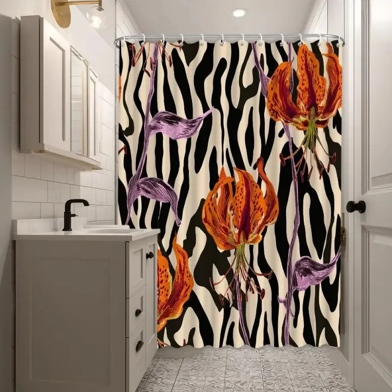 Retro Floral Botanical Pretty Shower Curtain, Orange Lily and Zebra Print Pattern Polyester Fabric Bathroom Decor, Farmhouse Shower Curtains for Bathroom Partition, Machine Washable, Includes Hooks, Ideal Holiday Gift