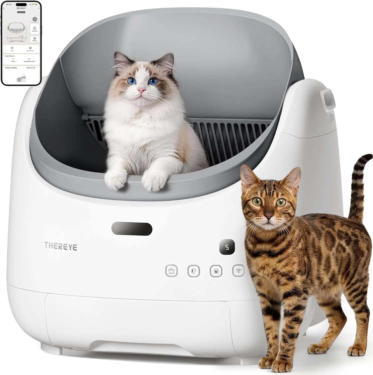 (SC07)Thereye Automatic Litter Box, Self Cleaning Litter Box for Multiple Cats, APP Control and Safety Sensors, Odor Control, Open-Top Smart Cat Litter Box with Trash Bags/Litter Mat