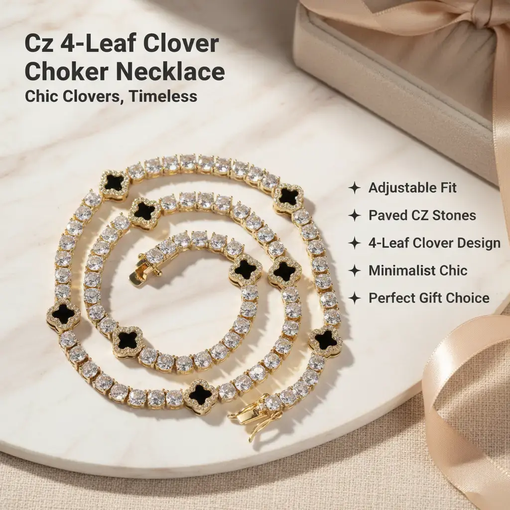 Galaxy Gem Unisex Minimalist Chic 4-Leaf Clover Motif Tennis Chain & Link Necklace - Adjustable Paved CZ Collarbone Cut Choker, Casual Daily Wear Jewelry, Birthday Gift, Elegant, No Warning Applicable, Adjustable Size, Casual Wear, Adjustable Fit