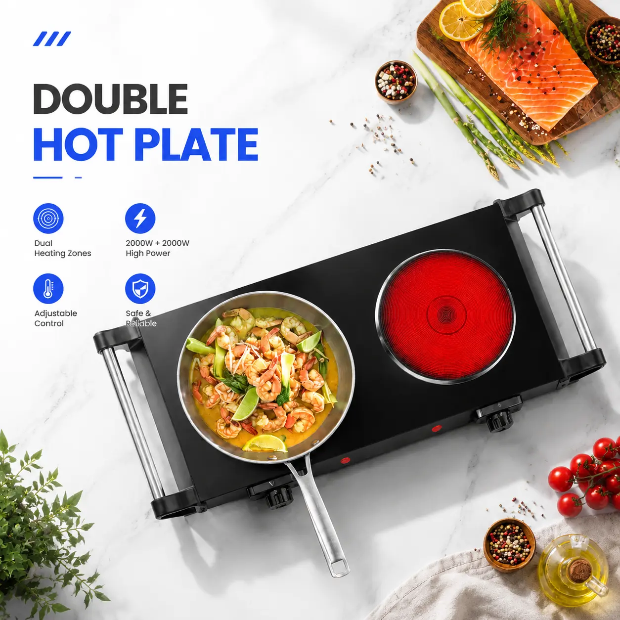 2000W Electric Dual Burner Portable Coil Heating Hot Plate Stove Countertop RV Hotplate with 5 Temperature Adjustments Portable Handles-4272