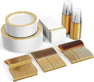 Gold/Silver/Black/White/Rose 175 or 350pc set  Disposable Plates and silverware Set: Dinner Plates,Dessert Plates,Cups,Napkins,Knife,forks,spoons-Perfect for Party Reusable