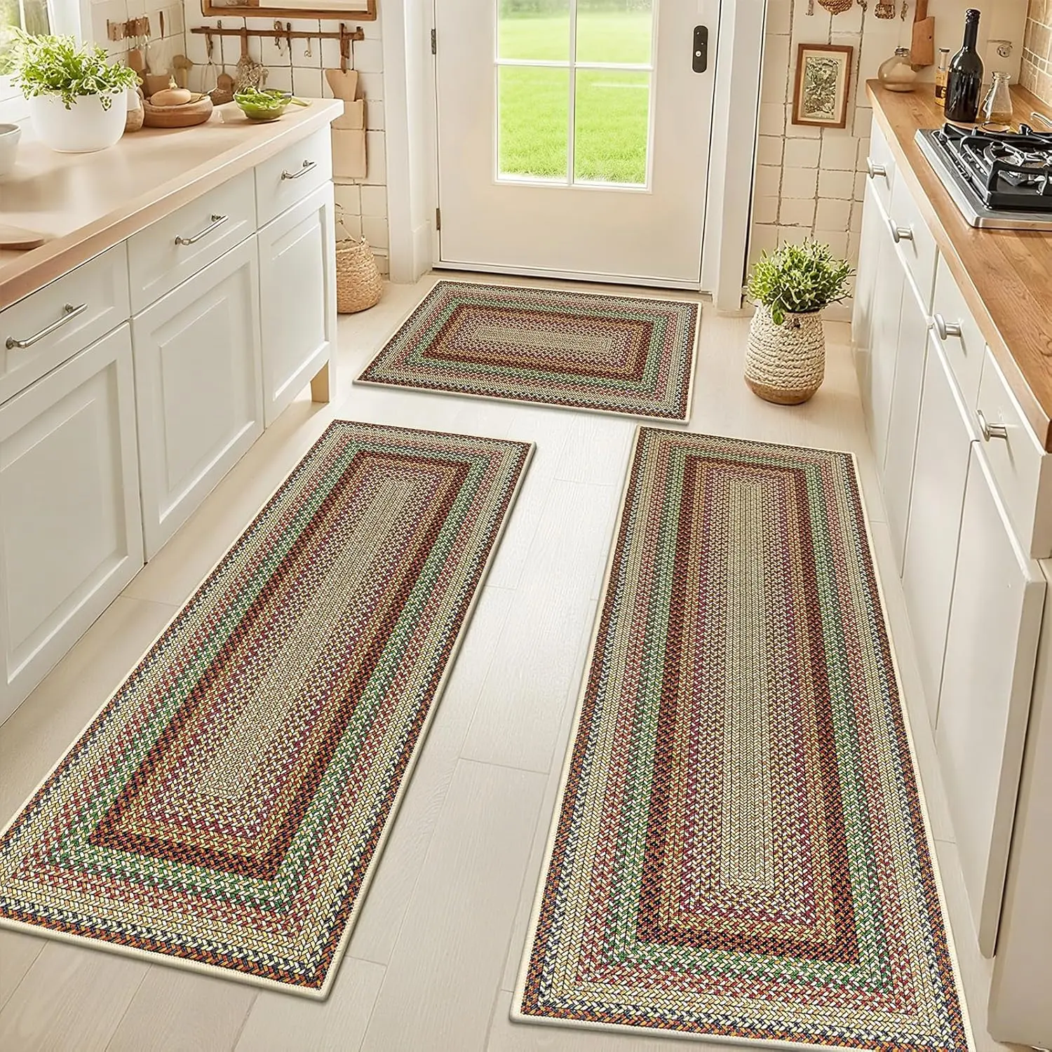 [Back to school] HEBE Faux Jute Washable Kitchen Rug Set of 3, Washable Kitchen Mats for Floor, Non Slip Absorbent Kitchen Rug and Runner Set, Border Faux Braided Stain Resistant Carpet,back to school,dorm essentials,home decor,home essentials