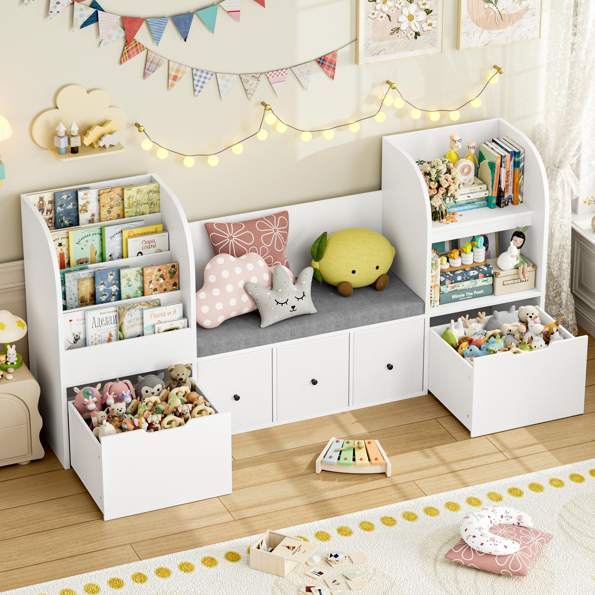 FOTOSOK 71” Kids Bookshelf with Reading Nook, Toy Storage Organizer with Seat Cushion and 2 Movable Drawers & 3 Toy Chests, Kids Reading Nook Toy Organizers and Storage with Bench for Playroom