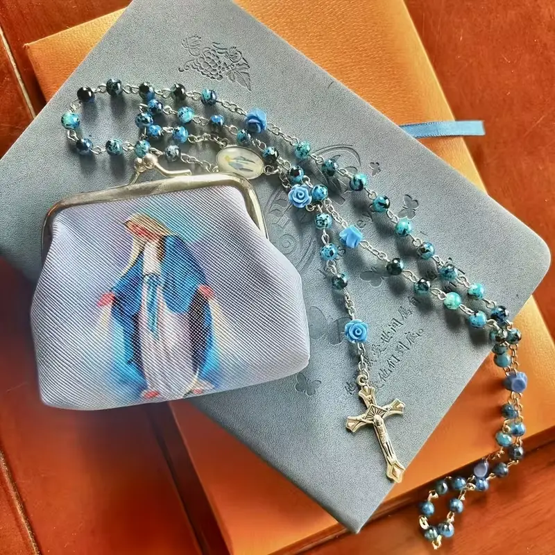 Virgin Mary Coin Purse with Rosary Beads Catholic Prayer Charm Women's Portable Wallet Ideal Christmas Birthday Gift