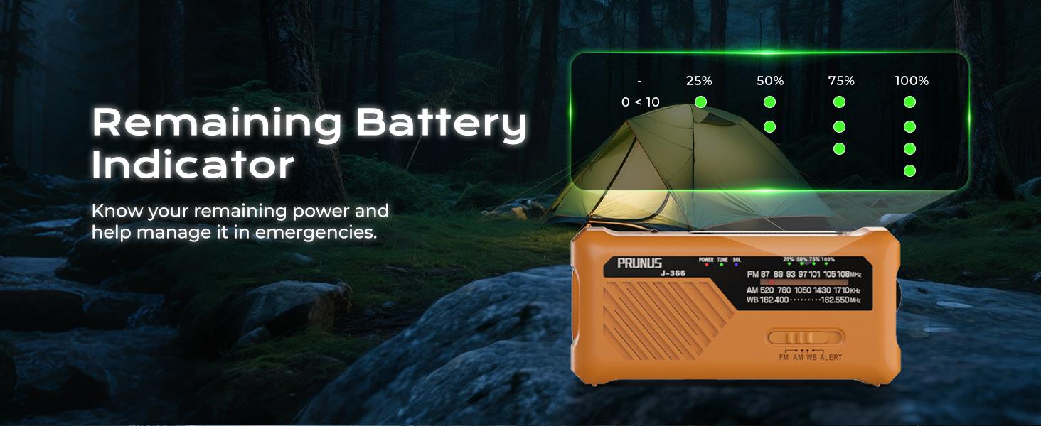 PRUNUS J-366 Emergency Radio with 3 Charging Cables, NOAA Weather Alert, 7400mWh/Solar/Hand Crank/ USB-C Charging, Battery Operated , WB/AM/FM, SOS Alarm, Flashlight, Compact for Bag